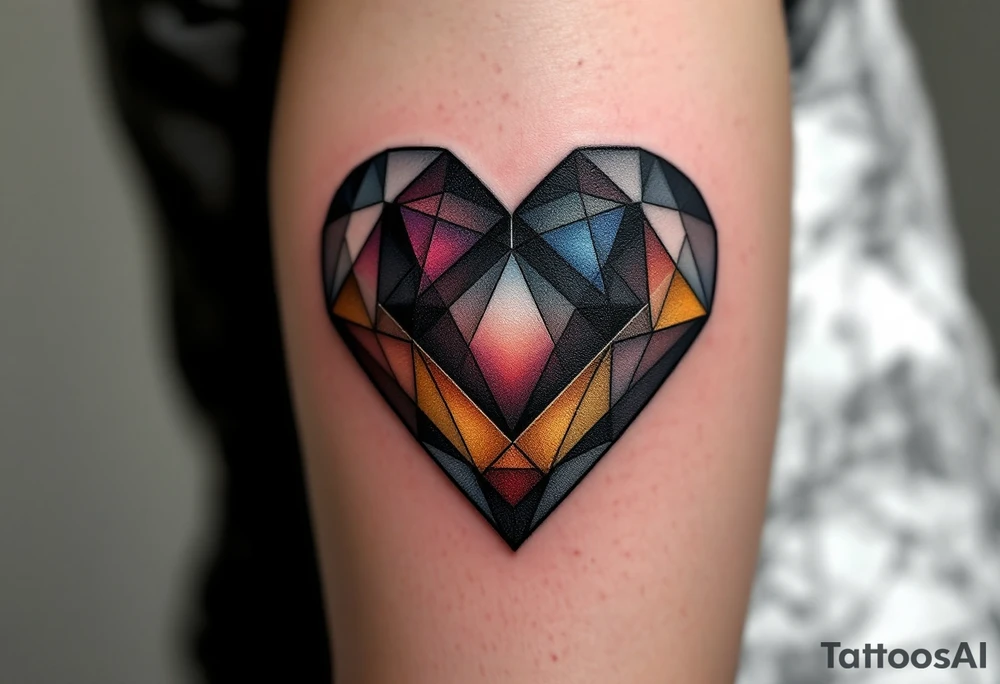 A minimalist yet powerful abstract heart formed by sharp, intersecting geometric lines, blending various shapes such as triangles and diamonds. The heart’s outer edges are soft and flowing, contrasting the precise geometry inside. The design transitions from a deep midnight blue at the top to a warm, radiant gold at the bottom, symbolizing a balance between mystery and warmth. The heart’s center is subtly filled with a gradient of rich crimson, symbolizing passion and deep emotional connection. Midnight blue (top), radiant gold (bottom), deep crimson (center), with thin accents of white to highlight the geometric details. tattoo idea