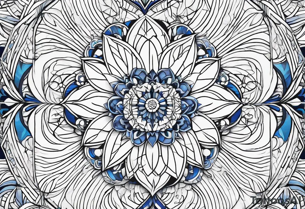 Linear minimalistic metatron , with abstract floral patern in blue linear design tattoo idea