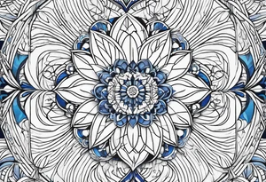 Linear minimalistic metatron , with abstract floral patern in blue linear design tattoo idea