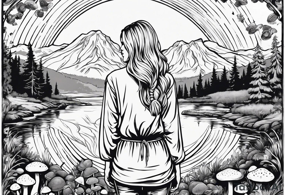 Whole picture encircled fully

Straight long blonde hair hippie girl in distance holding mushrooms in hand facing away toward mountains and creek surrounded by mushrooms long sleeve shirt and hiking pants; whole rendering within a full circle, no cut off circle tattoo idea