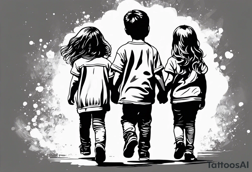 2 little girls, 1 little boy, 1 dad walking tattoo idea