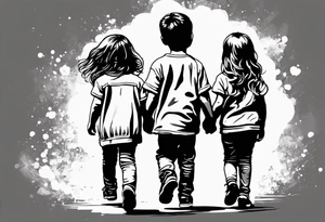 2 little girls, 1 little boy, 1 dad walking tattoo idea
