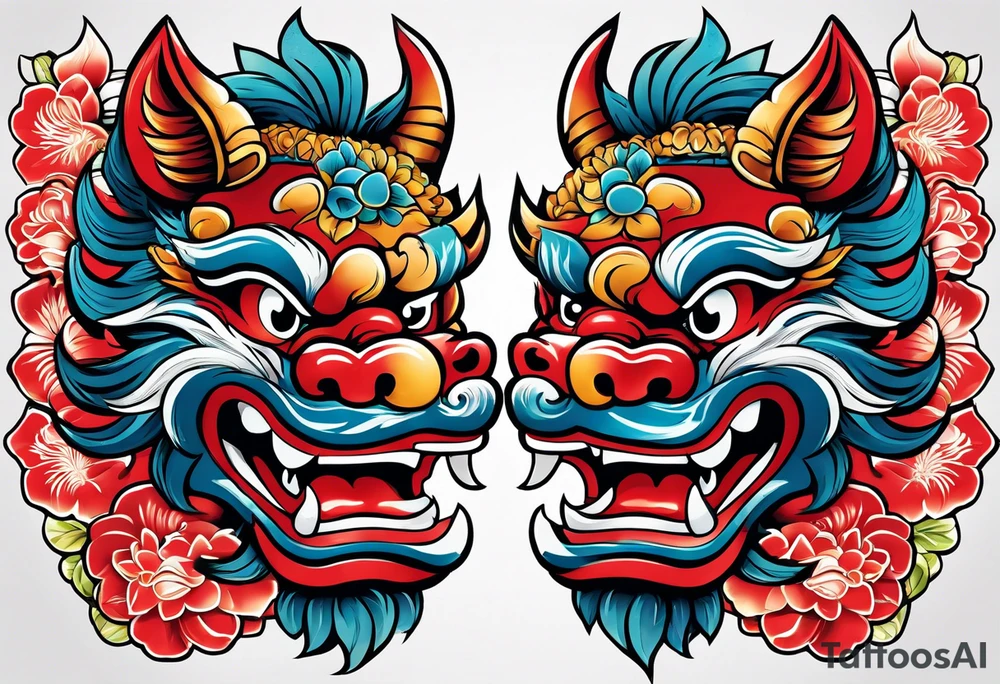 Pair of traditional Okinawa shisa, one has their mouth closed, the other with their mouth open tattoo idea