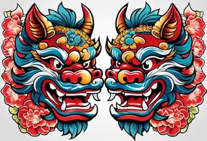 Pair of traditional Okinawa shisa, one has their mouth closed, the other with their mouth open tattoo idea