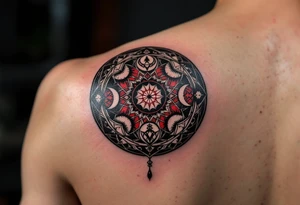 A black and crimson protective circle with mirrored crescent moons and protective sigils inside. tattoo idea