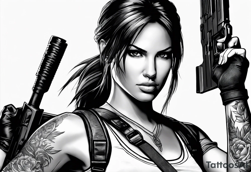 lara croft from tomb raider with silenced pistols tattoo idea