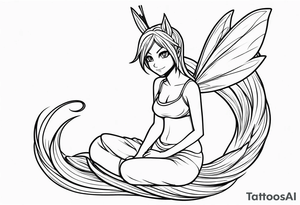 A fairy with a tail inspired by the logo of the show called Fairy Tail in a fetal position leaning in tattoo idea