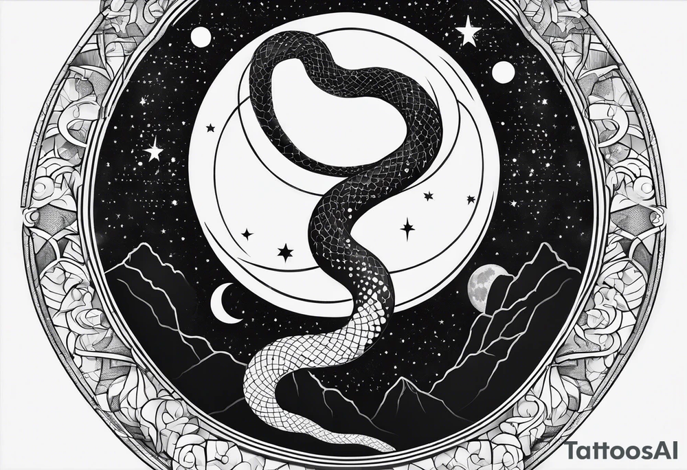 Fine line snake, moon phases, constellations tattoo idea