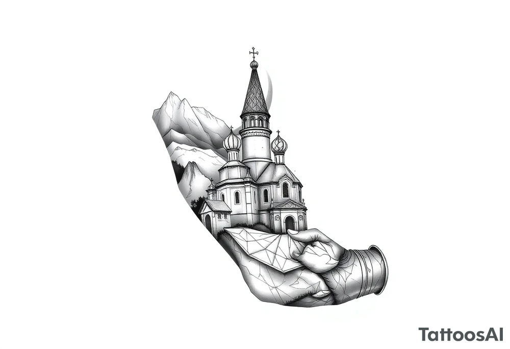 russian orthodox christian left arm tattoo with st basils cathederal in a mountainous setting tattoo idea