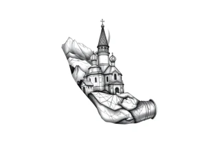 russian orthodox christian left arm tattoo with st basils cathederal in a mountainous setting tattoo idea