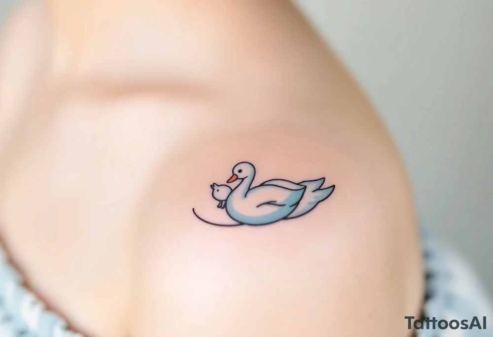 A swan with her baby duck in soft white and light blue hues, symbolizing purity and warmth tattoo idea