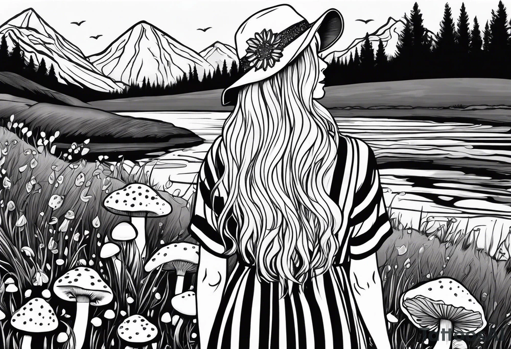 Straight long blonde hair hippie girl in distance holding mushrooms in hand facing away toward mountains and creek surrounded by mushrooms black and white striped dress tattoo idea