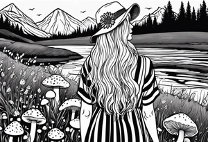 Straight long blonde hair hippie girl in distance holding mushrooms in hand facing away toward mountains and creek surrounded by mushrooms black and white striped dress tattoo idea