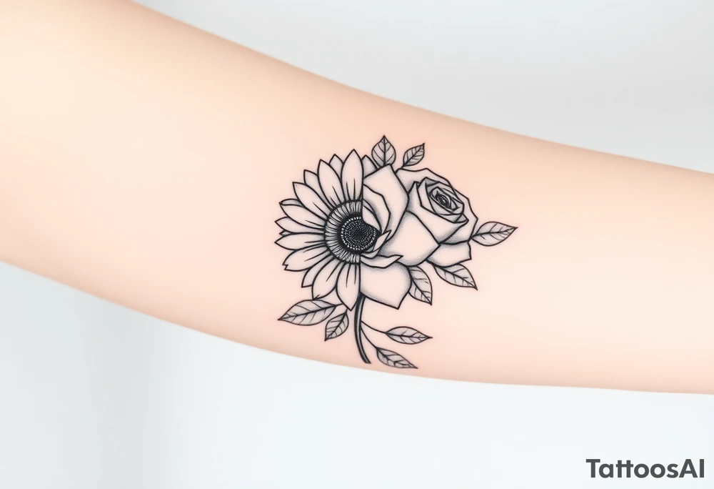 A single symmetrical flower composed of a sunflower on the left half and a rose on the right half, split perfectly down the middle. Surrounding the flower are greenery and leaves. This tattoo is for a woman's arm, so it should also extend vertically. The overall style is minimalist and elegant, with fine lines and no shading or color. tattoo idea
