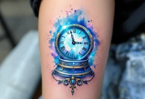 A crystal ball with an ancient clock inside, reflecting a shimmering future in pastel blues and lavenders. tattoo idea