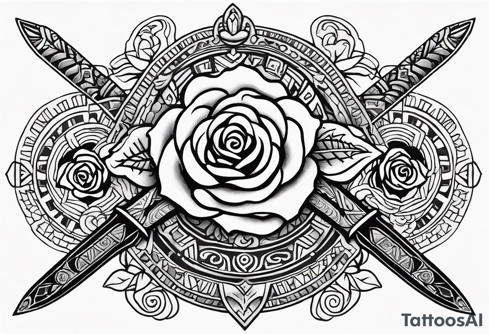 Design a masculine tattoo depicting three delicate rose buds being embraced and protected by 
Aztec weapons. The weapons should include elements such as the macuahuitl (Aztec sword-club), obsidian blades, and shields, arranged in a way that forms a protective circle or embrace around the roses. Carve the entire image as if it were a stone sculpture by an ancient Aztec artist, with the texture resembling intricately detailed stone carvings. The roses should be slightly softer but still stylized in stone, giving the entire tattoo a powerful, yet artistic and ancient feel. Use bold, sharp lines to capture the essence of Aztec craftsmanship tattoo idea