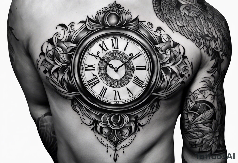 Dessine moi un tatouage noir et blanc pour l'épaule d'un homme.Il représente une horloge/sablier ou des chiffres tombent de l'horloge dans le fond du Sablier tattoo idea