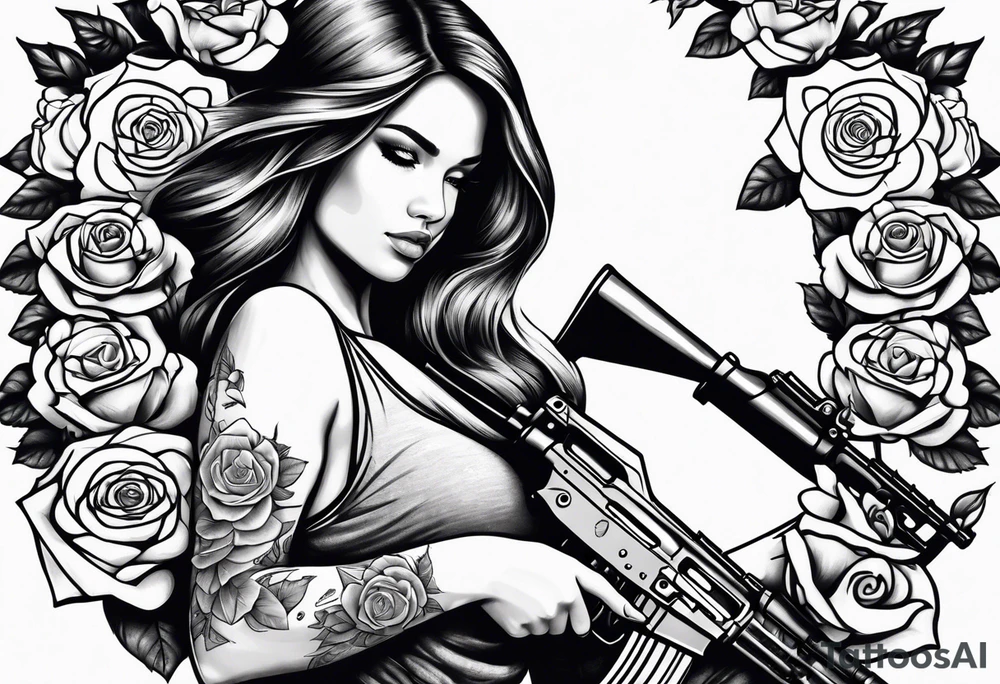 Beautiful woman angle holding a AK 47 surrounded by roses tattoo idea