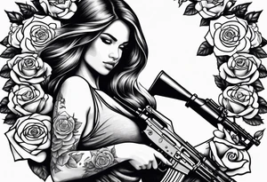 Beautiful woman angle holding a AK 47 surrounded by roses tattoo idea