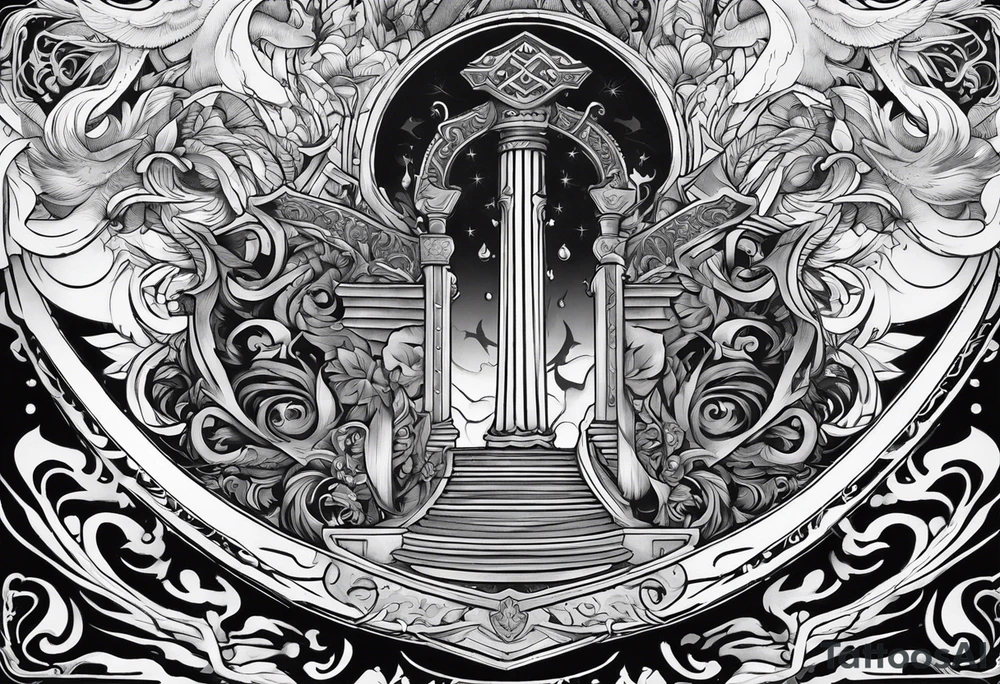 Valhalla sword shield stairs axe tattoo idea