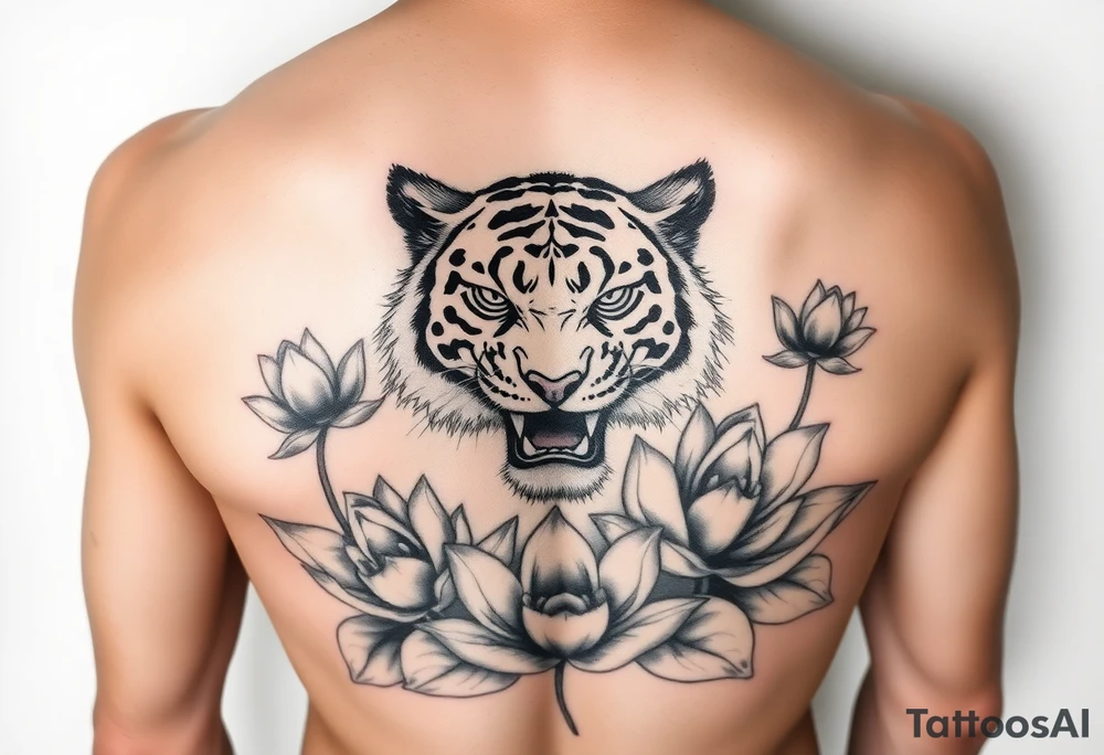 fierce tiger emerging through blooming lotus flowers in mist tattoo idea