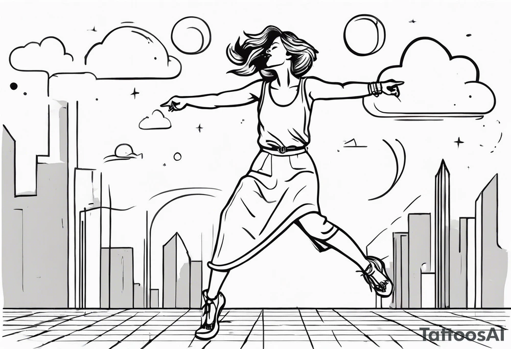 Ugly woman standing with bent knees on a dancefloor pointing her fingers up in the sky yelling "woop woop" tattoo idea