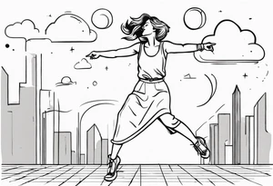 Ugly woman standing with bent knees on a dancefloor pointing her fingers up in the sky yelling "woop woop" tattoo idea