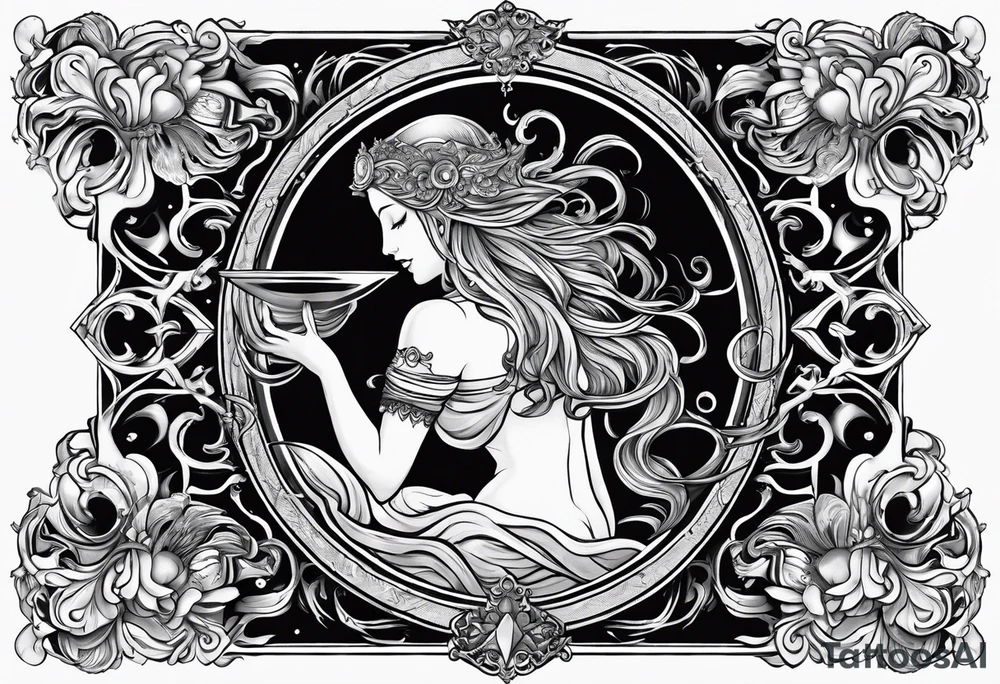 Aquarius water bearer god or goddess. Dark. With a gothic frame and mythological creatures. tattoo idea