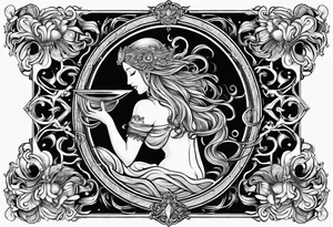 Aquarius water bearer god or goddess. Dark. With a gothic frame and mythological creatures. tattoo idea