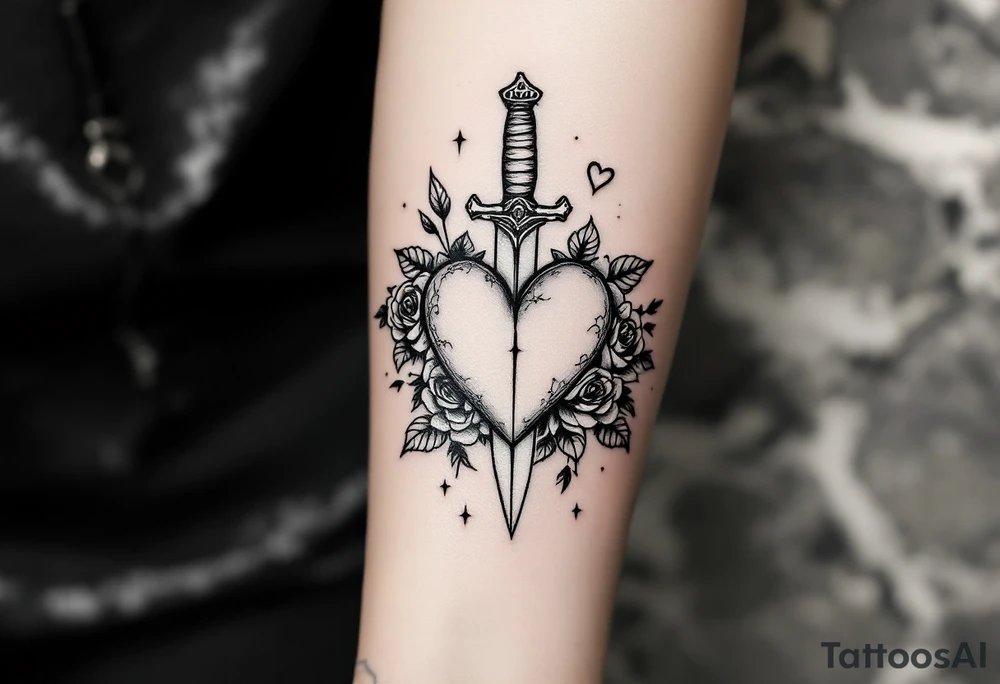 dagger piercing a heart with roses tattoo idea