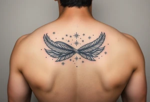 infinity symbol woven with floating feathers and stardust tattoo idea