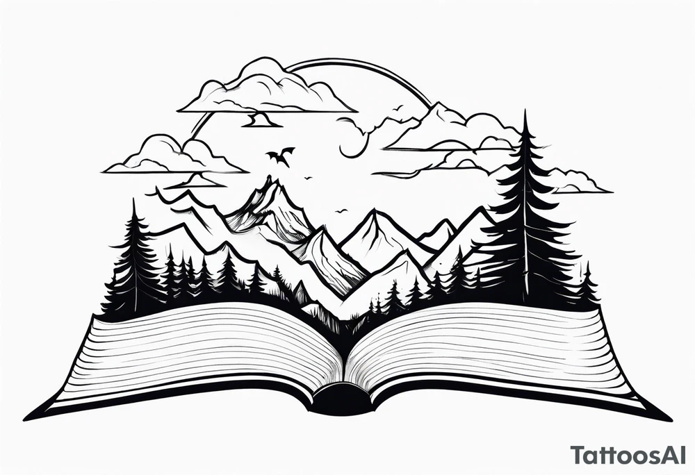 An open magic book. a tiny dragon with four legs flying in the sky. three mountains and a forest coming out of the book tattoo idea