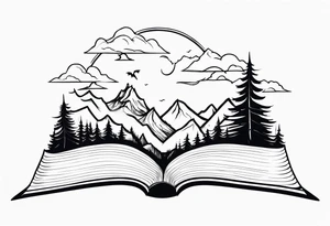 An open magic book. a tiny dragon with four legs flying in the sky. three mountains and a forest coming out of the book tattoo idea