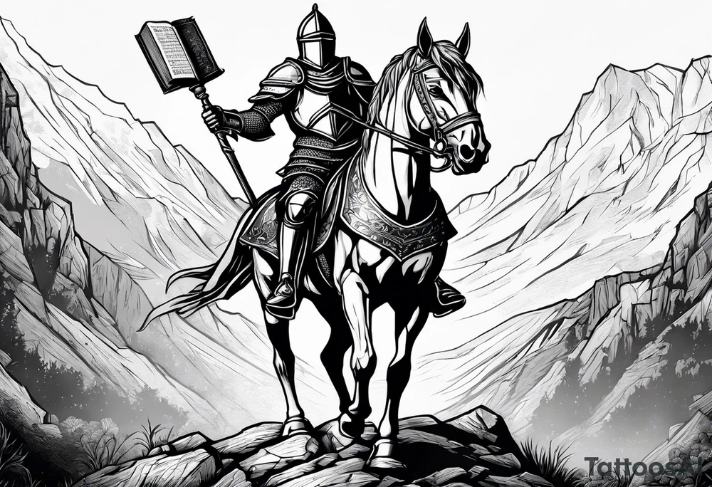 knight holding a bible over his head in combat with both hands tattoo idea