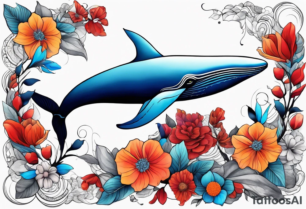 Surrealism, blue whale, hummingbird, gray lady face, flowers, bold color, collage tattoo idea