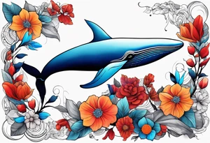 Surrealism, blue whale, hummingbird, gray lady face, flowers, bold color, collage tattoo idea
