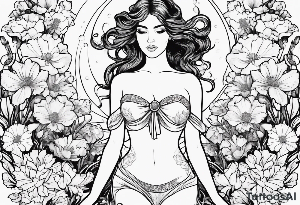 Female body outline surrounded by carnations
snow drops, iris, poppies, cosmos, and narcissus tattoo idea
