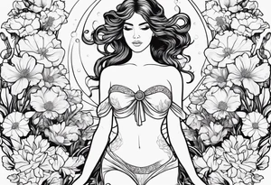 Female body outline surrounded by carnations
snow drops, iris, poppies, cosmos, and narcissus tattoo idea