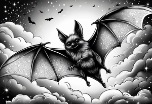 A bat coming out of clouds with sparkles tattoo idea