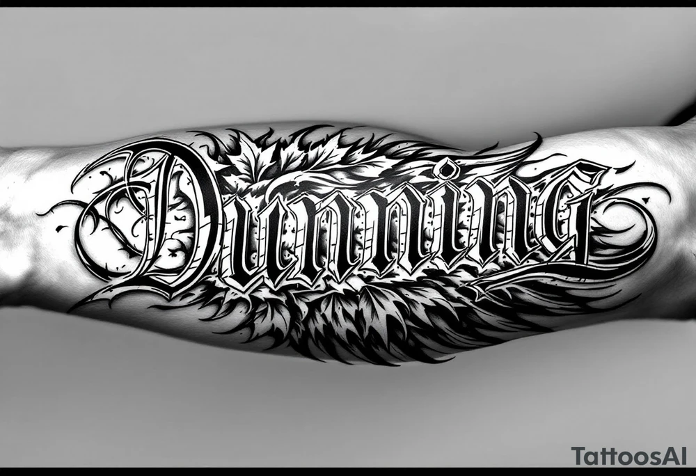 Dunning,on left arm details include angel wing, greek type of font,jungle leaves , tiger claw scratch tattoo idea