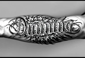 Dunning,on left arm details include angel wing, greek type of font,jungle leaves , tiger claw scratch tattoo idea