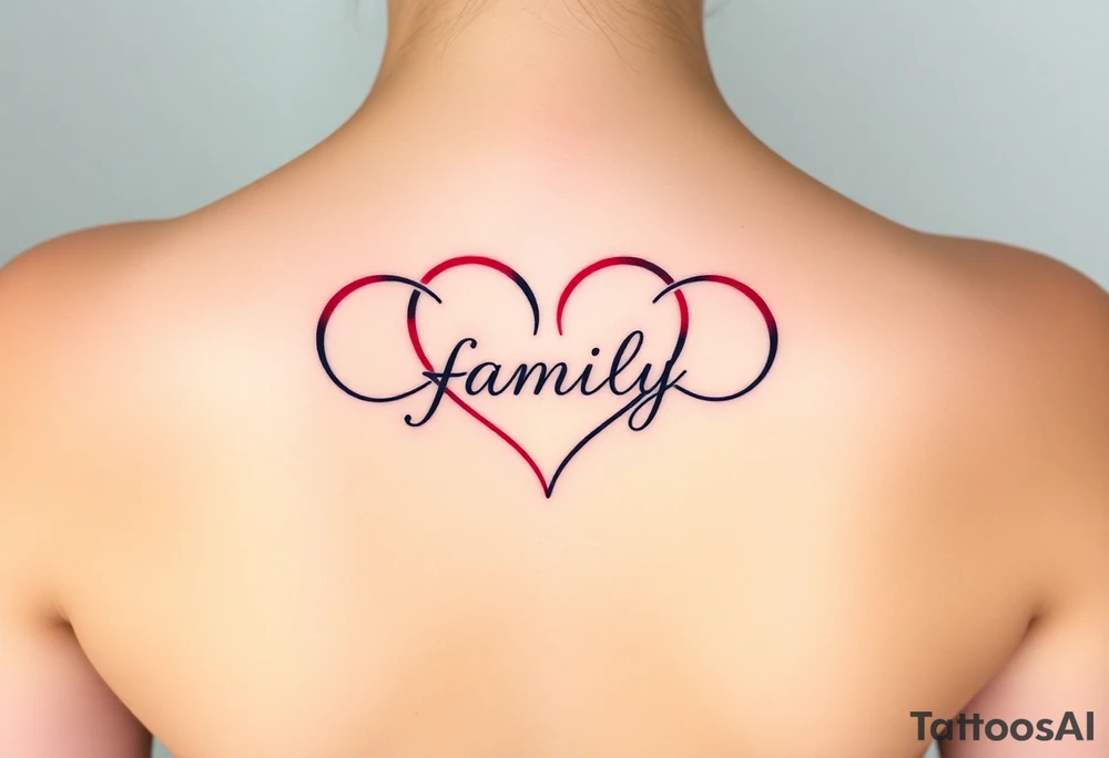 Colorful heart-shaped infinity symbol loop endings, and the word "family" elegantly placed at the center in a soft script tattoo idea