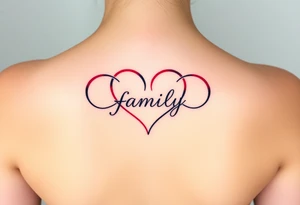 Colorful heart-shaped infinity symbol loop endings, and the word "family" elegantly placed at the center in a soft script tattoo idea