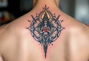 A blindfolded goddess standing in the center of a cosmic circle, with one hand holding a feather and the other a heart, symbolizing fairness in karma. tattoo idea