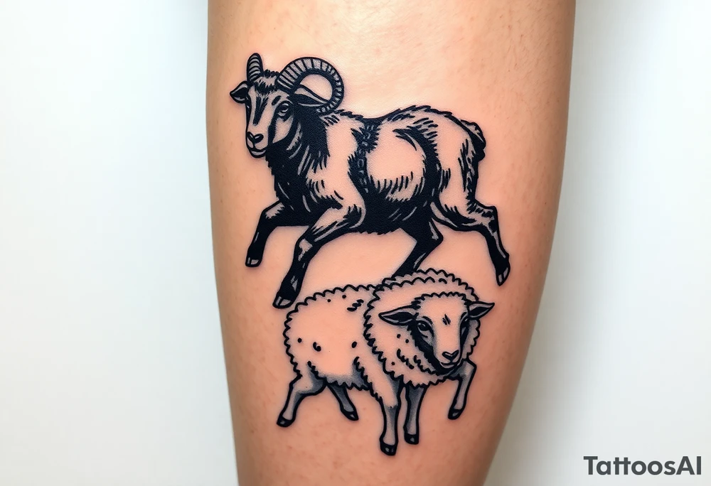 Black sheep with muscles breaking out of chains 
Calf tattoos walking over white sheep tattoo idea