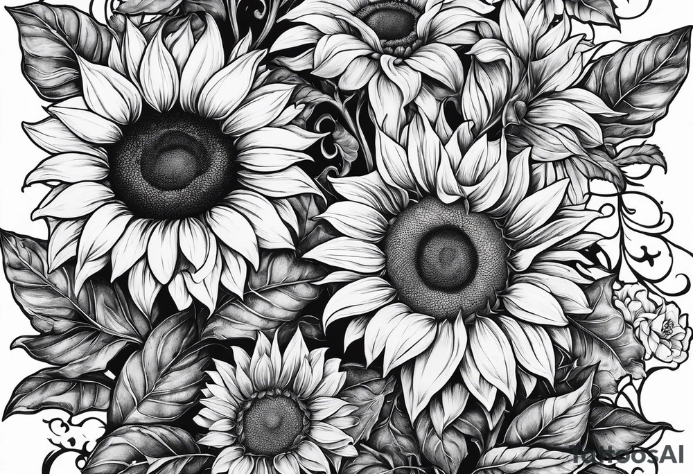 Psalm 23 leg sleeve with sunflowers and the verses lining the vines and leaves tattoo idea