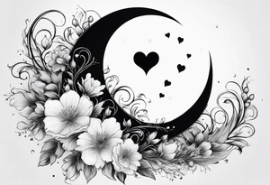 Crescent moon with a heart inside, shrouded by beautiful flowers with wisps of mist tattoo idea