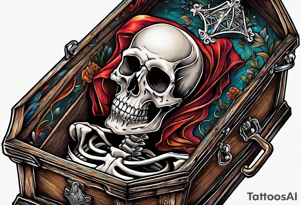 skeleton getting out of coffin tattoo idea
