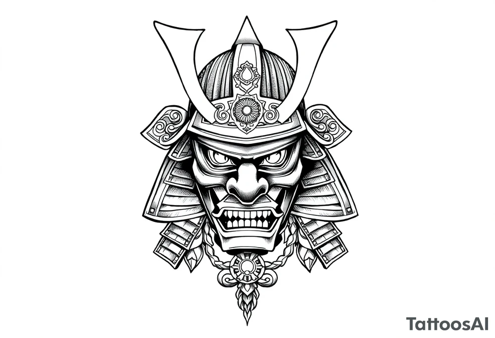 Samurai helmet tattoo design, Japanese style, black and grey ink, highly detailed, bold linework, symmetrical layout, traditional armor, ornamental patterns, forearm placement, minimal background, warrior spirit, sketch style tattoo idea