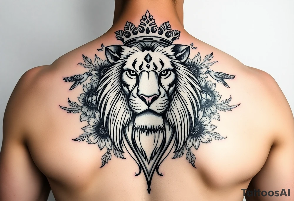 powerful majestic lion with a crown, surrounded by floral ornaments and birds tattoo idea